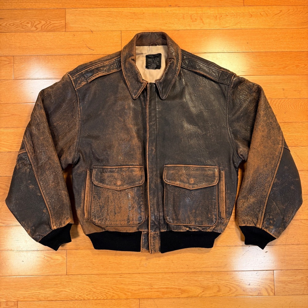 Vintage Avirex Type A-2 Medium Brown Distressed Leather Flight Bomber Jacket